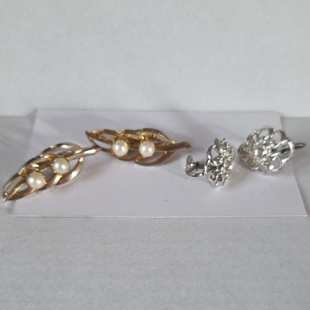 Vintage 2 Pairs Gold and Silver Pearl Earrings